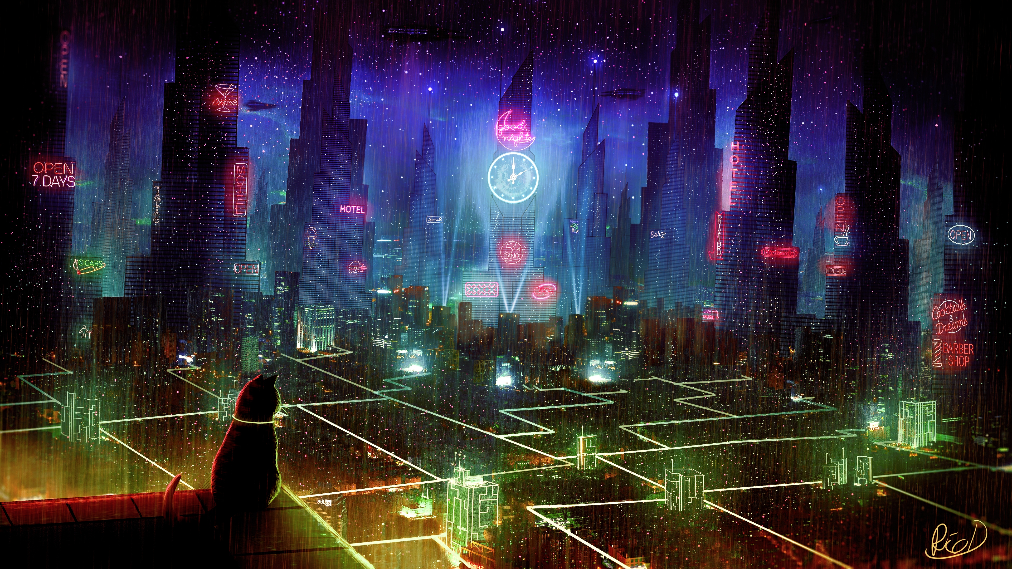 Cyberpunk City, Neon, Cat, Hotel, Raining, Towers, - HD Wallpaper 