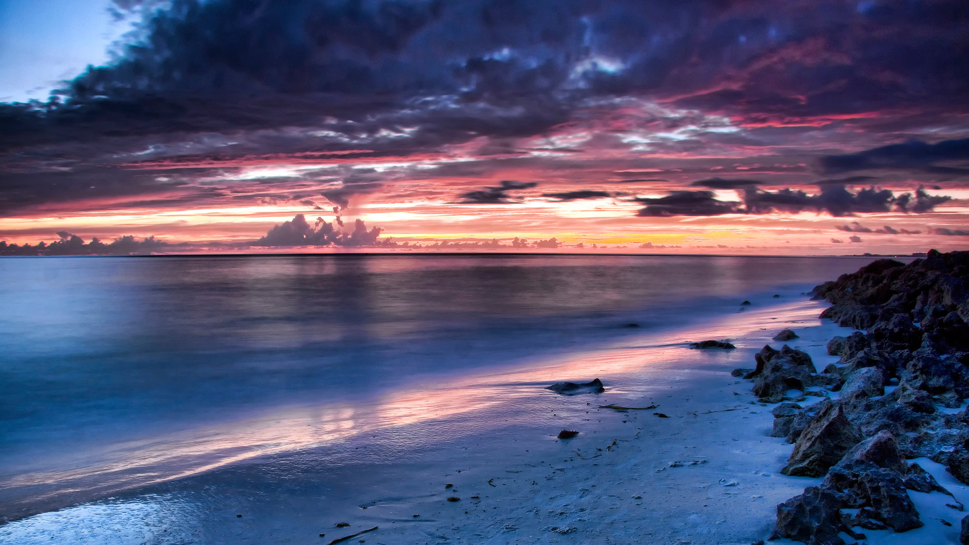 Blue Clouds Nature Ocean Pink Rocks Sea Skies Sunrise - HD Wallpaper 