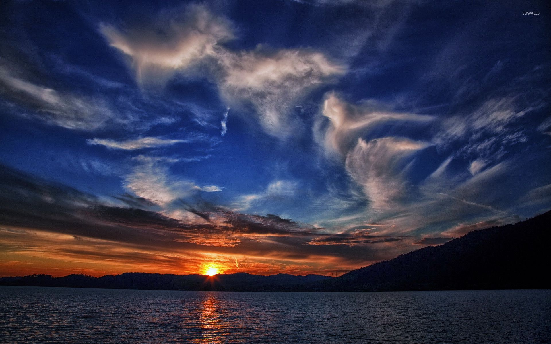 Sunset Over Mountain Lake - HD Wallpaper 