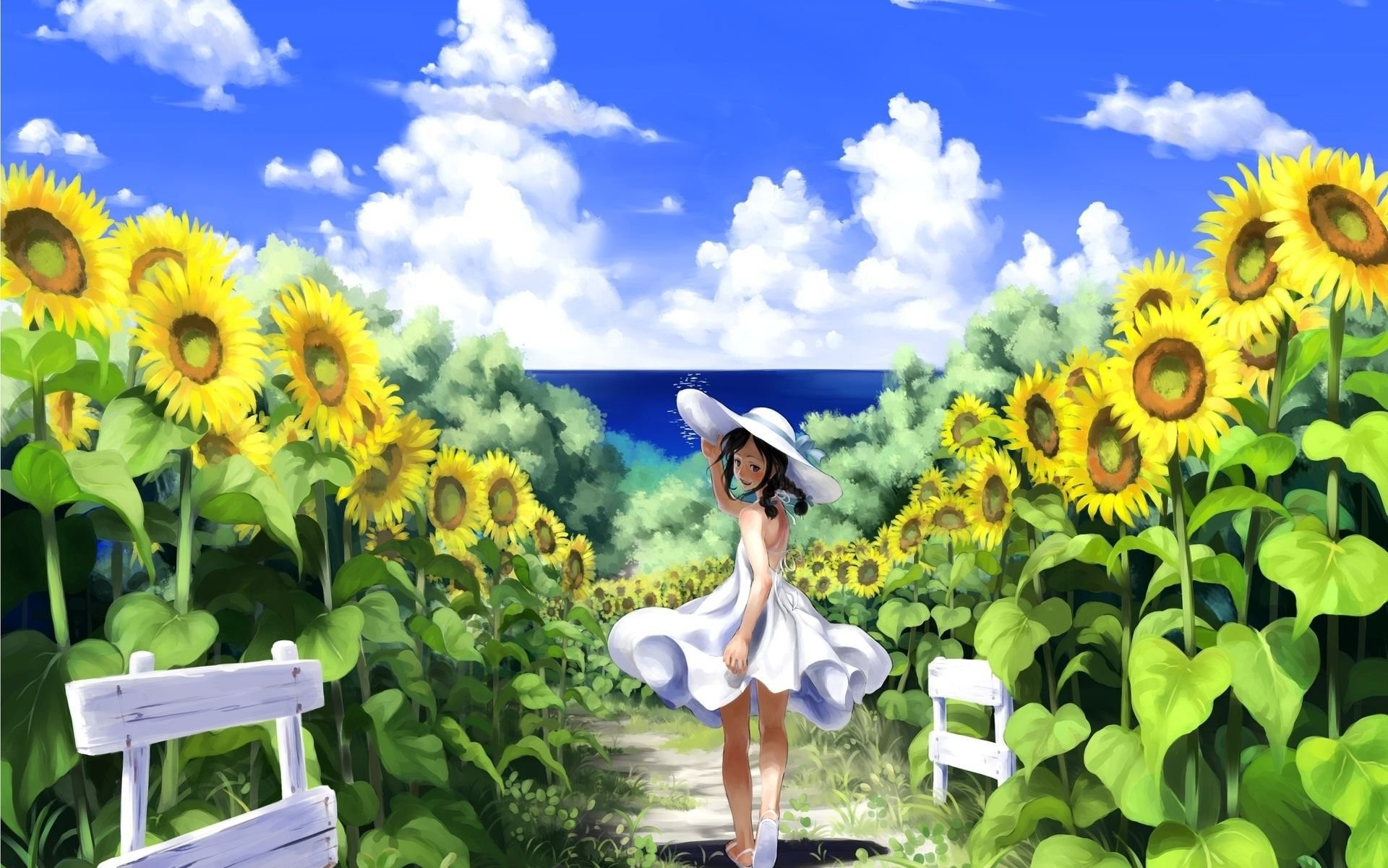 Sunflowers Field Widescreen Desktop Background Hd Wallpapers - Girl In Sunflower Field Drawing - HD Wallpaper 