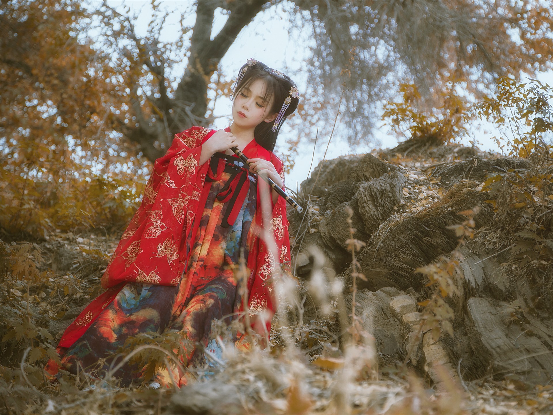 Wallpaper Han Dynasty Girl, Retro Style, Flute - Girl - HD Wallpaper 