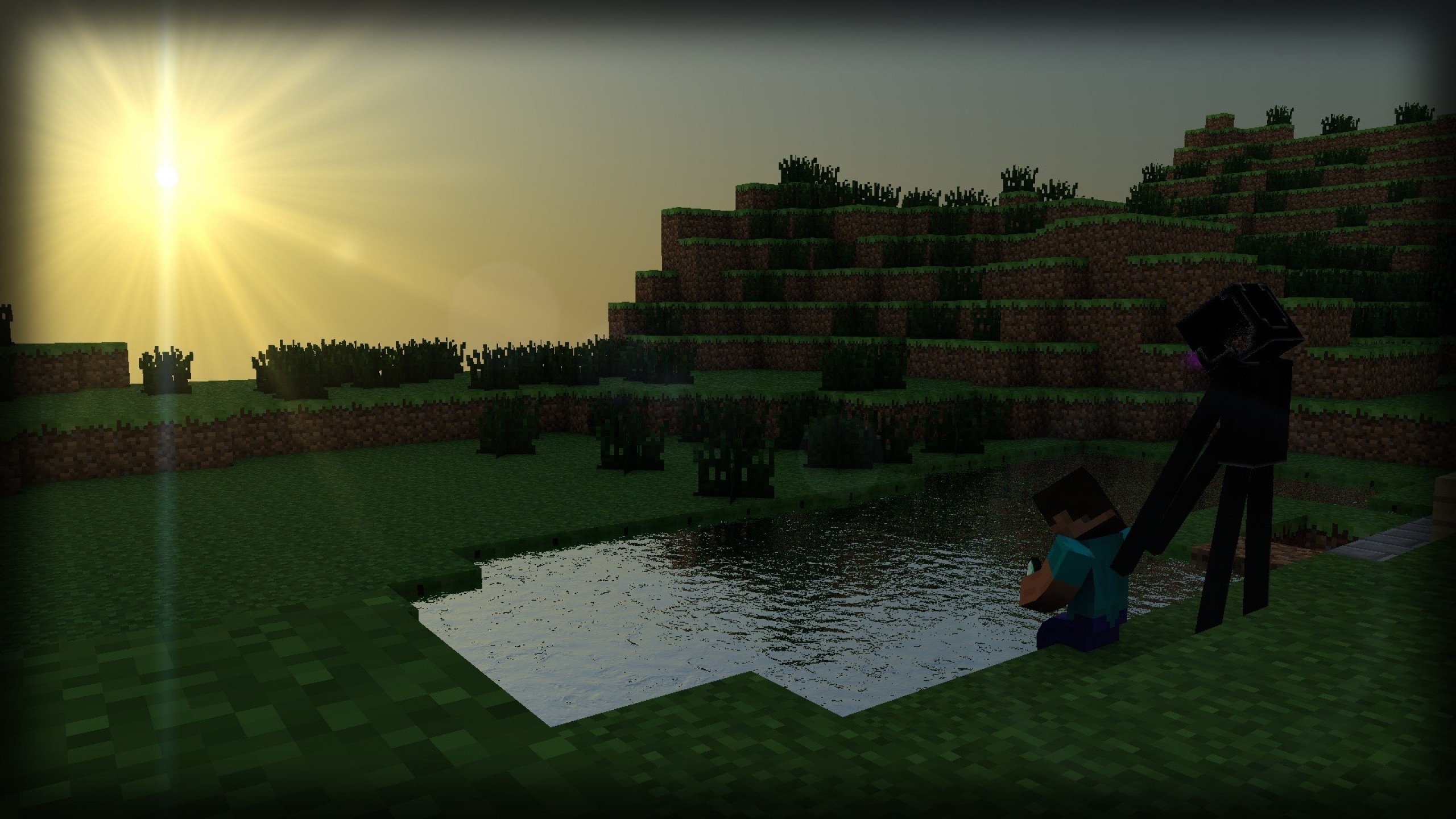 Water Sun Steve Minecraft Enderman Diamond Wallpaper - Fond D Écran Minecraft - HD Wallpaper 