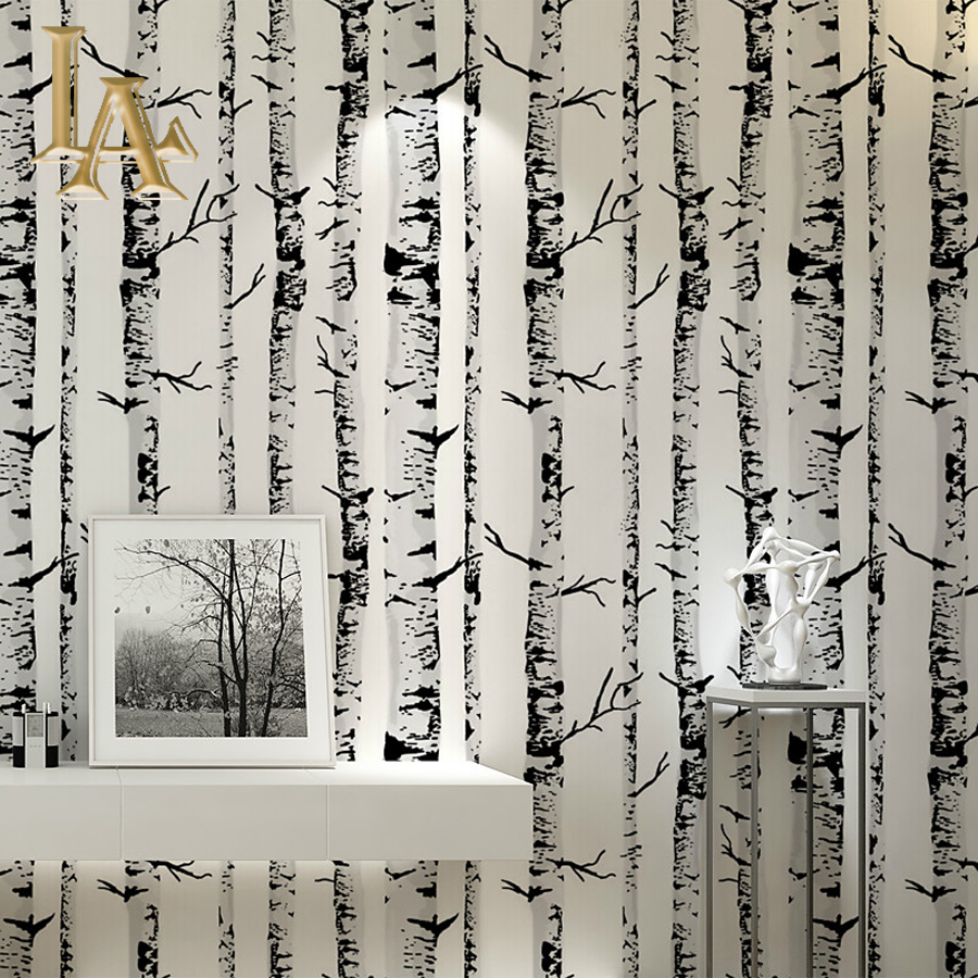 Black White Birch Tree Wallpaper Vinyl Bedroom Living - Black And White Birch Tree - HD Wallpaper 
