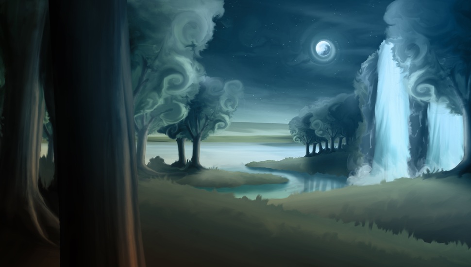 Forest, The Moon, Art, River, Night, Waterfall, Trees, - River In A Forest At Night - HD Wallpaper 