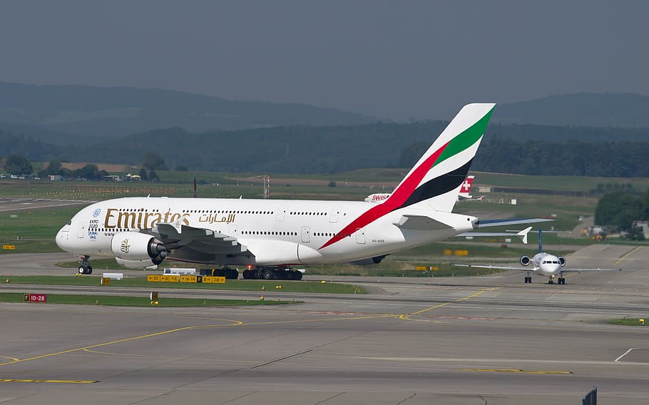Aerial Photo Emirates Plane, Airbus A380, Aircraft, - Green White Red Airline - HD Wallpaper 