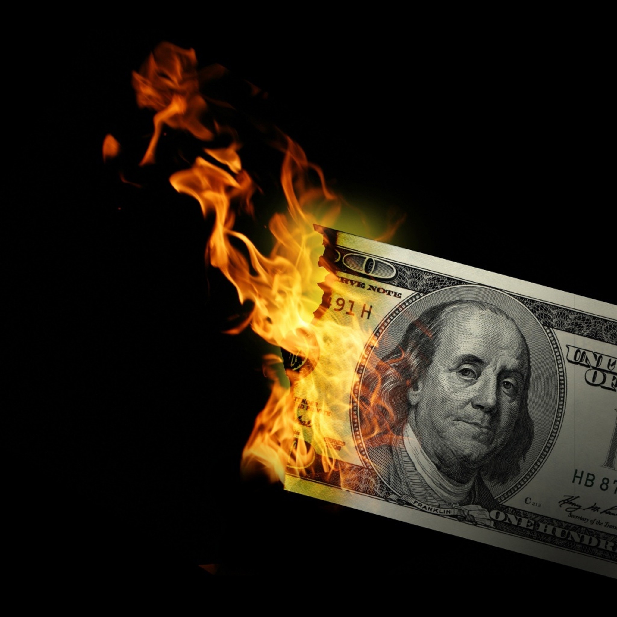 3d Wallpaper Money On Fire - Money Benjamin Franklin Burn - 2048x2048  Wallpaper 