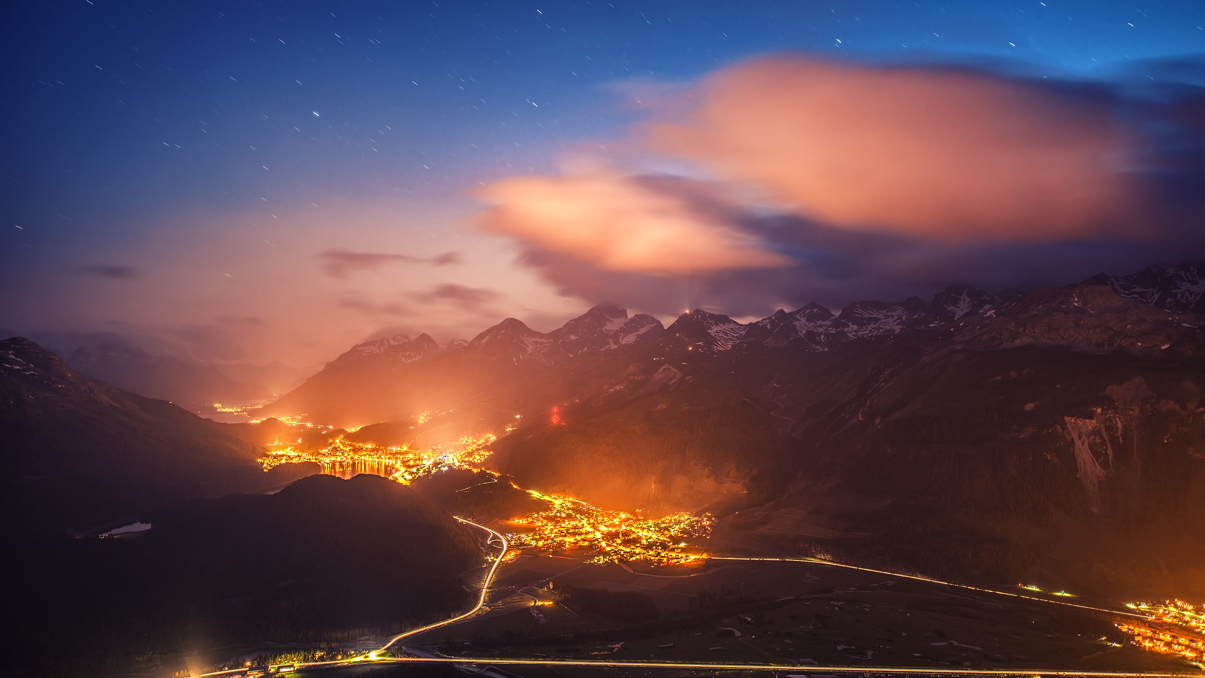 Switzerland Night 4k - City At Night Road Mountains - HD Wallpaper 