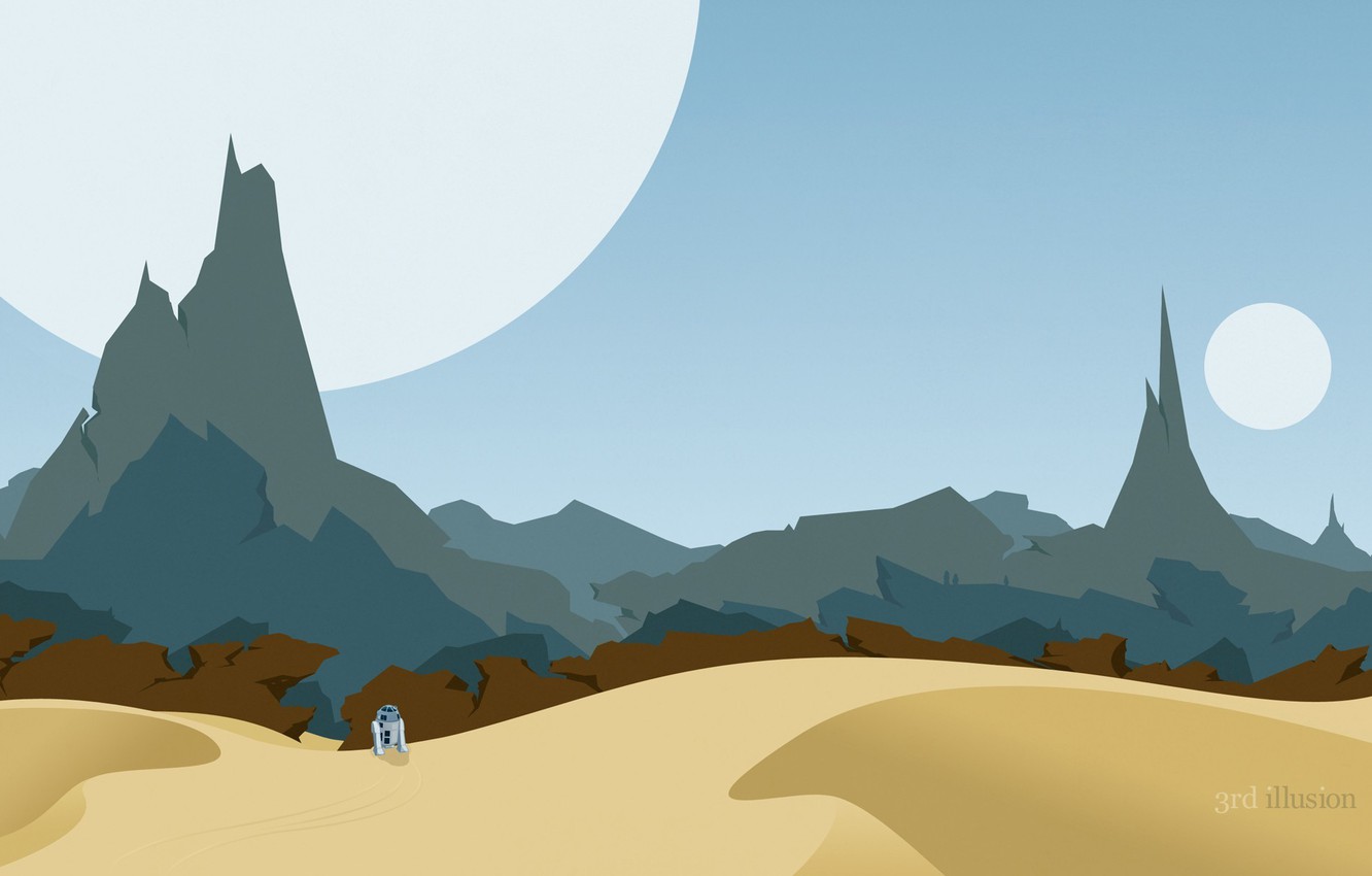 Photo Wallpaper Mountains, Desert, Planet, Robot, Star - Star Wars Landscape Cartoon - HD Wallpaper 