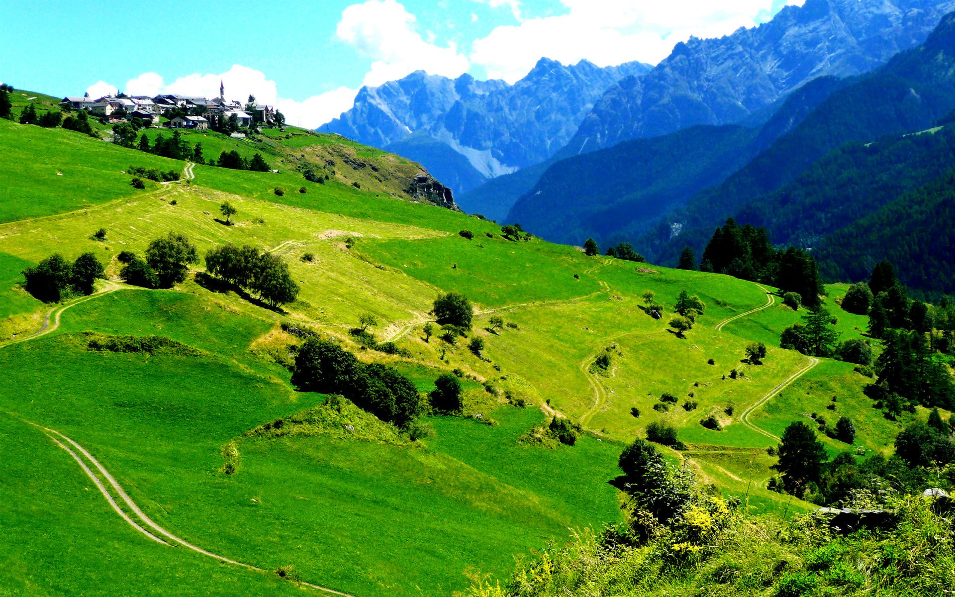 Mountain Houses In Green Trees - HD Wallpaper 