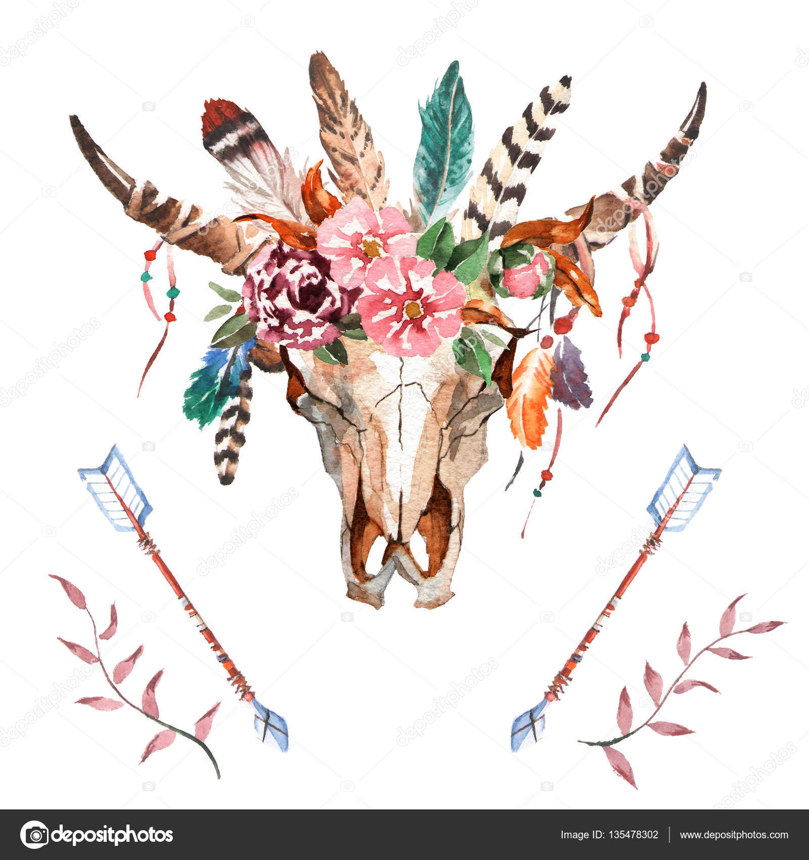 Boho Horns And Feathers - HD Wallpaper 