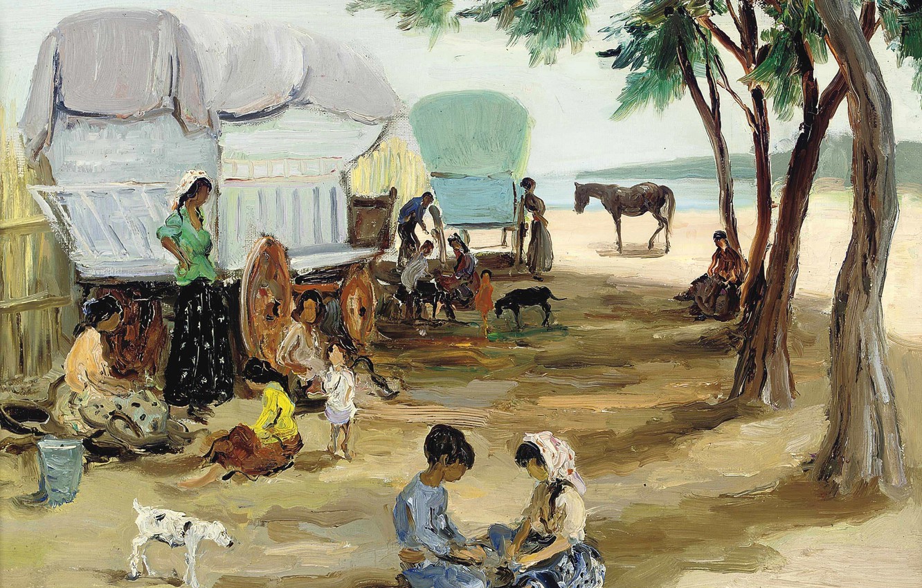 Photo Wallpaper Children, Picture, Wagon, Genre, Marseille - Group Of Gypsys Painting - HD Wallpaper 