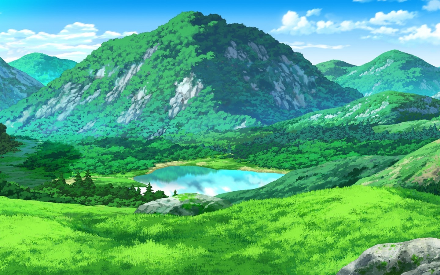 Anime Landscape, Mountain, Field, Grass, Lake, Scenic - Anime Mountain Scenery - HD Wallpaper 