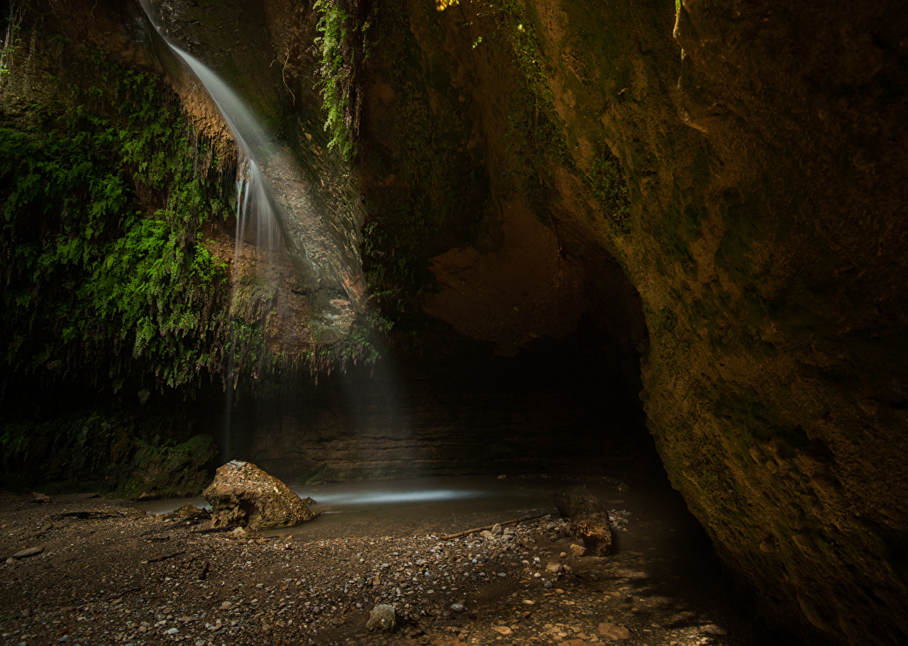 Cave River Waterfall - HD Wallpaper 