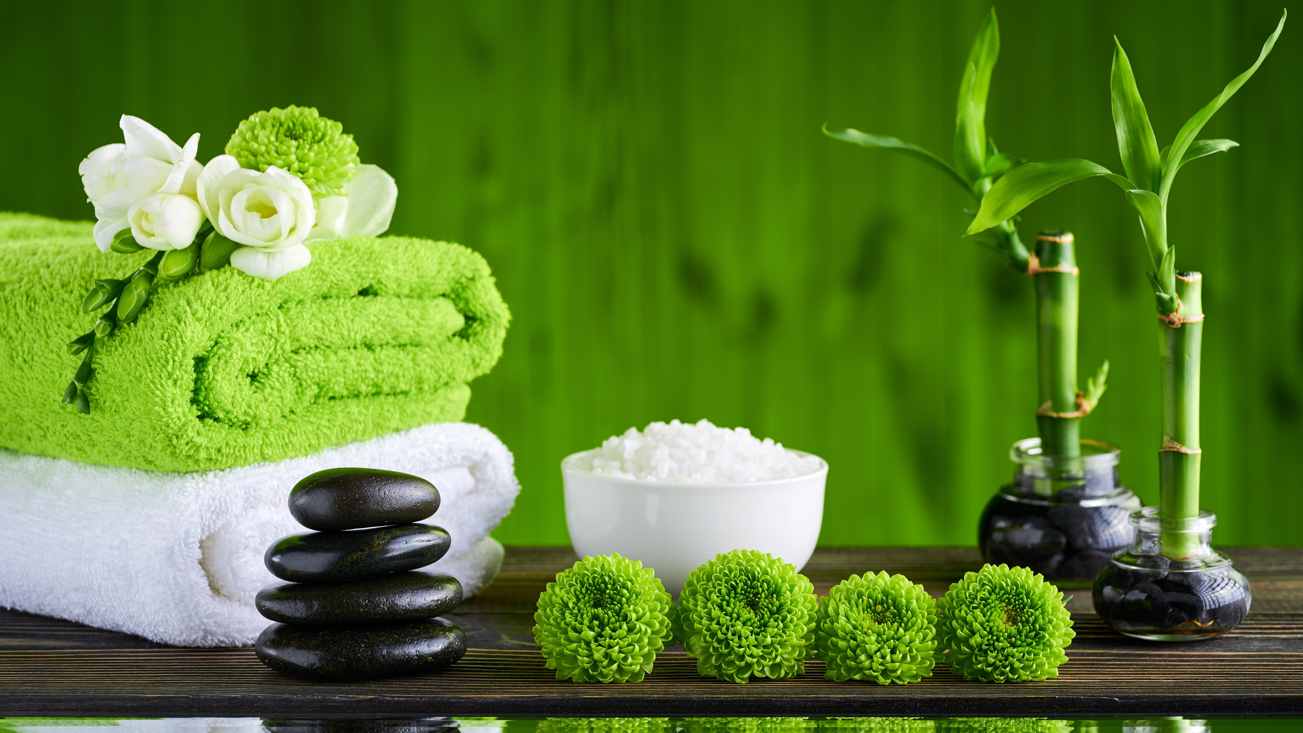 Wallpaper Spa Theme, Towel, Green Flowers, Bamboo, - Spa Wallpaper Hd - HD Wallpaper 