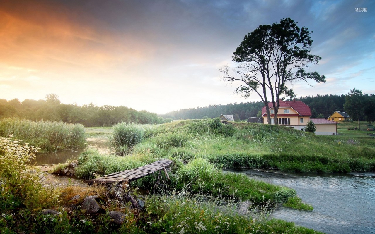 River Trees Bridge Plant House Wallpapers - House Next To River - HD Wallpaper 