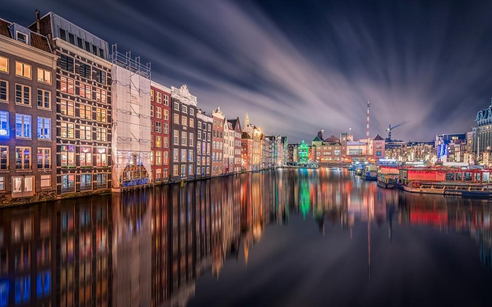Amsterdam, Night, Home, Lights, River, Water Reflection - Amsterdam Central Station Photography - HD Wallpaper 