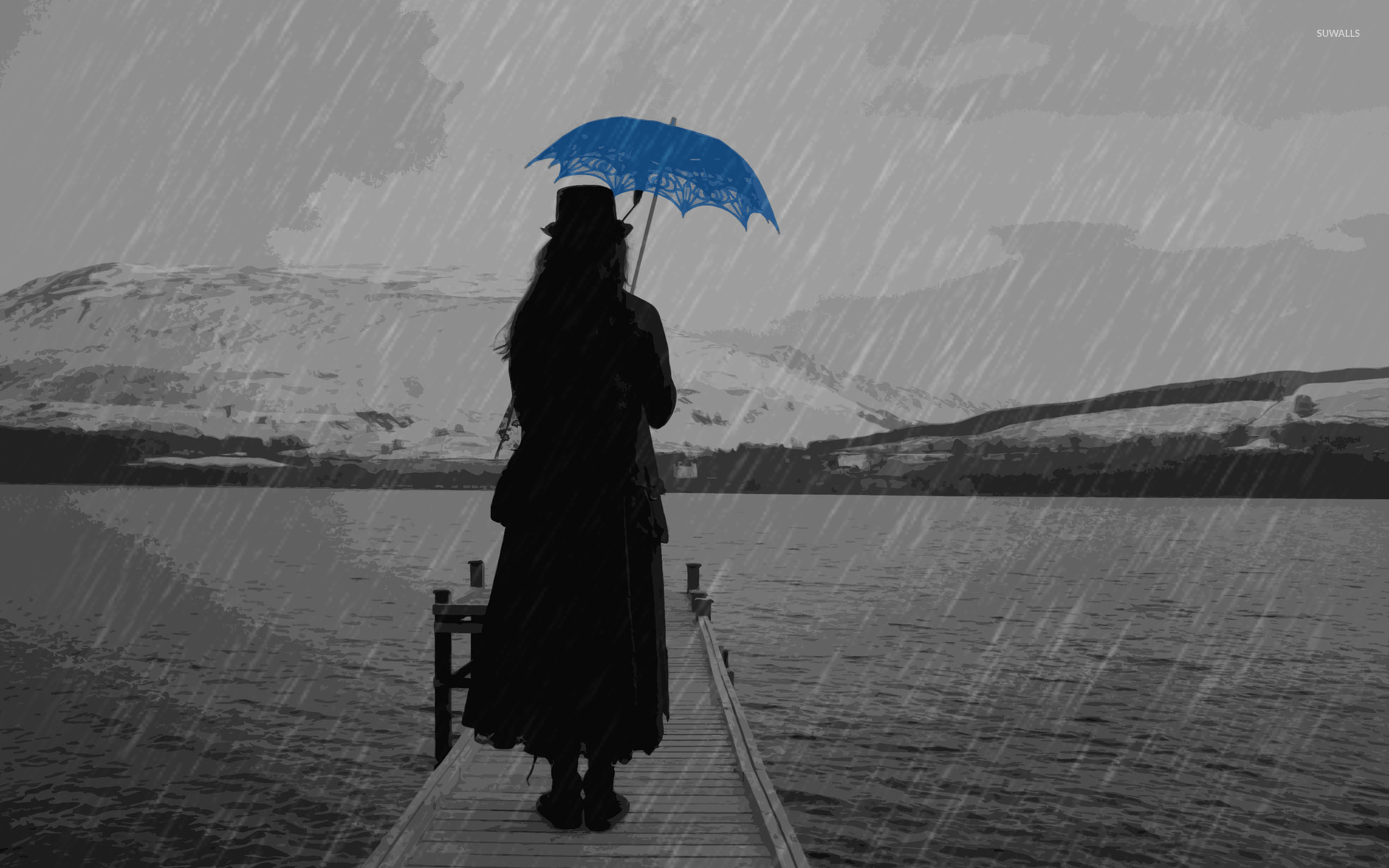 Lady With Blue Umbrella - HD Wallpaper 
