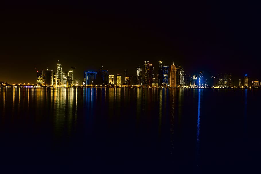 Buildings Light Taken At Nighttime, Doha, Qatar, Mosque, - Doha - HD Wallpaper 