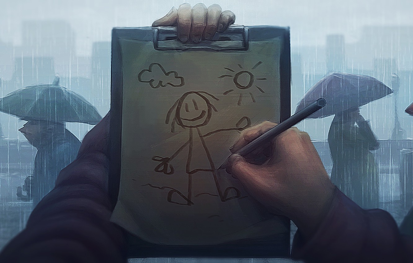 Photo Wallpaper People, Rain, Street, Figure, Umbrella, - Drawing - HD Wallpaper 