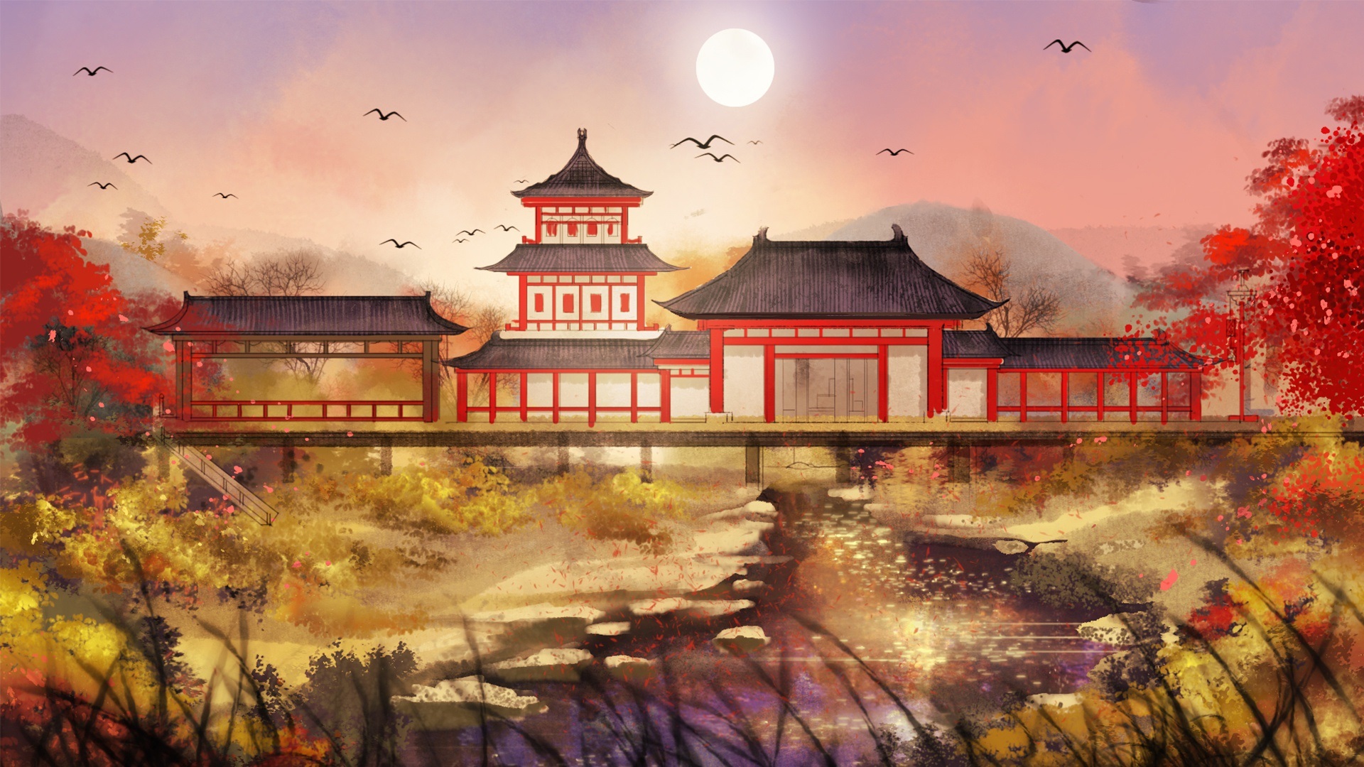 Wallpaper Chinese Retro Style Park, Art Drawing - Chinese Drawing - HD Wallpaper 