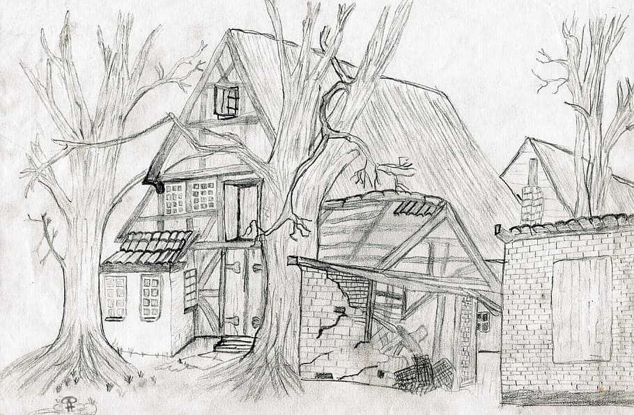 Close-up Photo Of Sketch Of House And Bare Tree, Pencil - Pencil Sketches - HD Wallpaper 