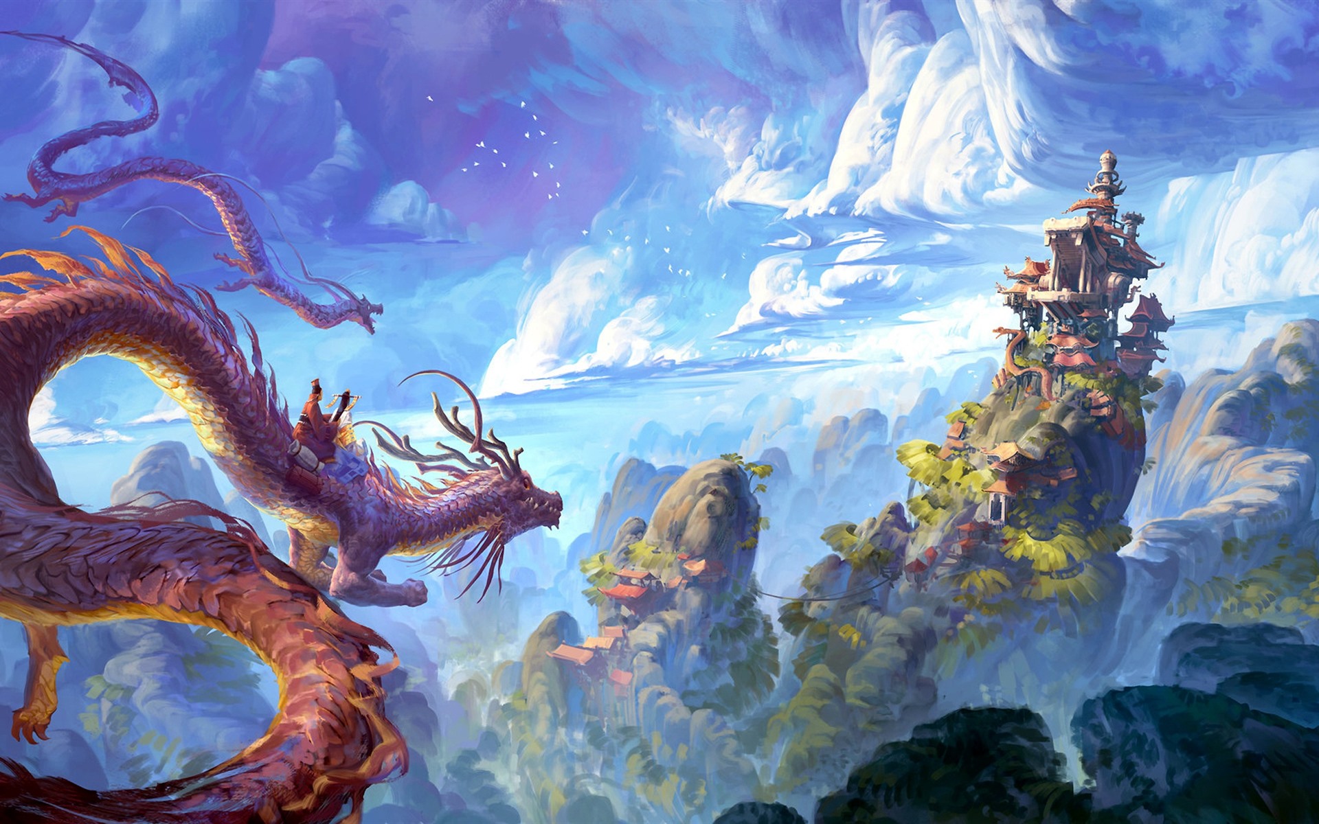 Wallpaper Dragon, Mountains, Buildings, Clouds, Art - Chinese Dragon Wallpaper Hd - HD Wallpaper 