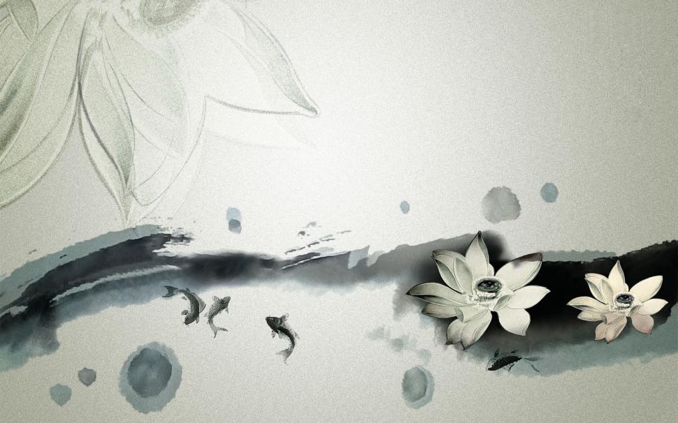 Fish Koi Fish Flowers Drawing Asian Hd Hd Wallpaper,drawing - 高清 中国 风 壁纸 - HD Wallpaper 