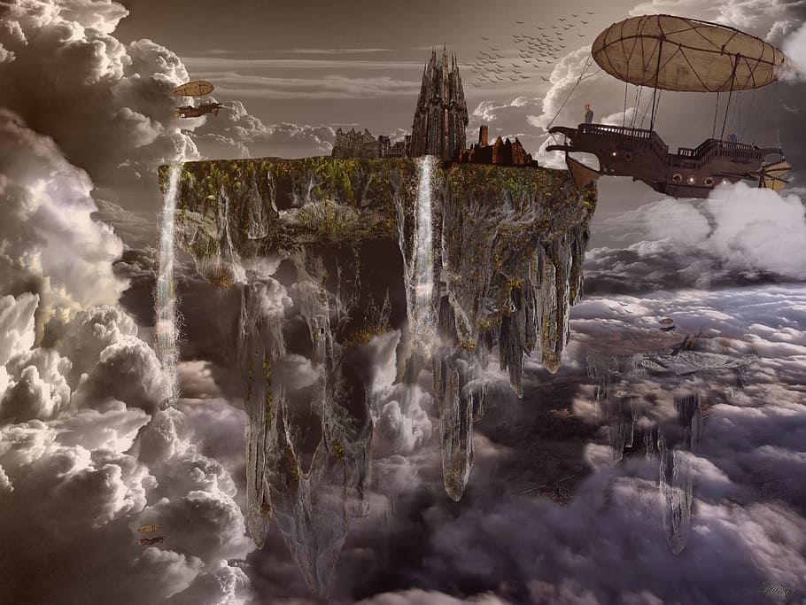 Photo Of Mount Olympus, City, Float, Floating City, - Floating City Airship - HD Wallpaper 