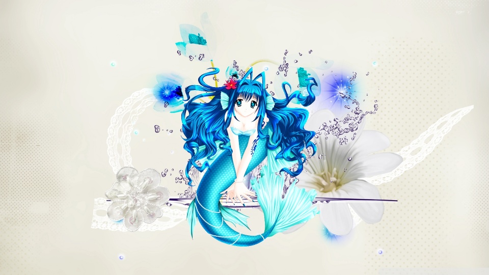 Anime Mermaid With Blue Hair - HD Wallpaper 