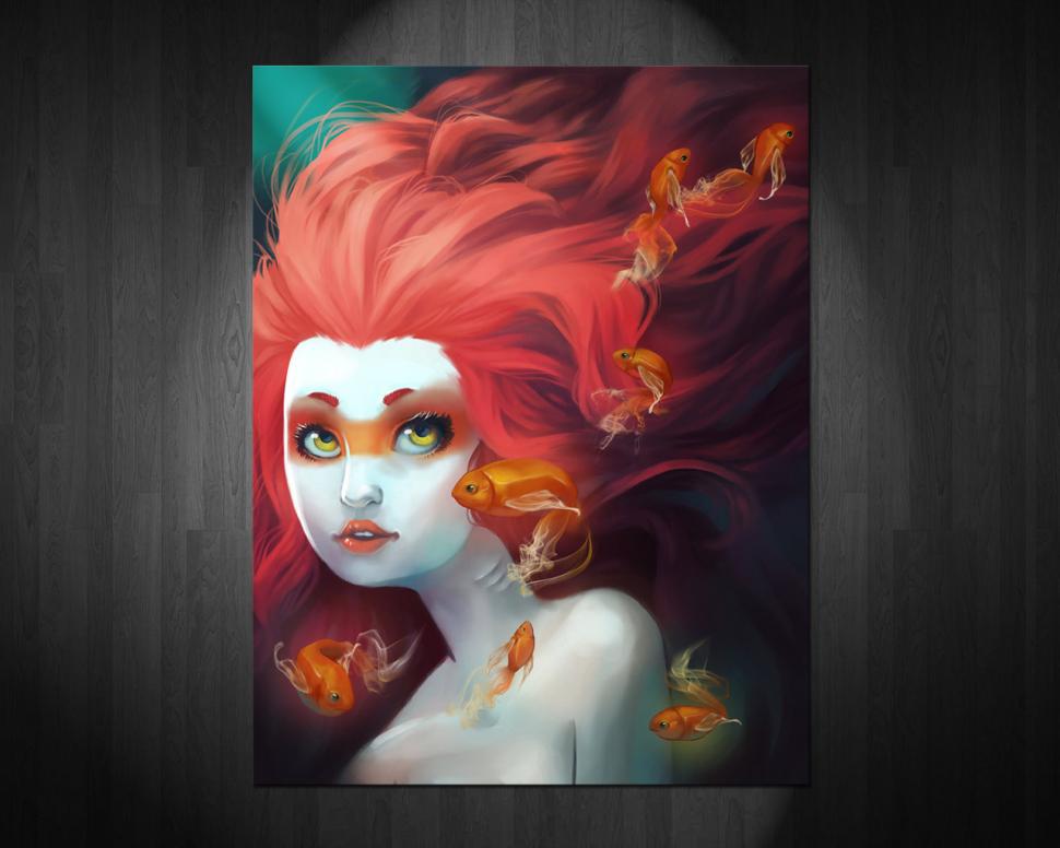 The Little Mermaid Redhead Drawing Wood Portrait Fish - Little Mermaid Portrait Art - HD Wallpaper 