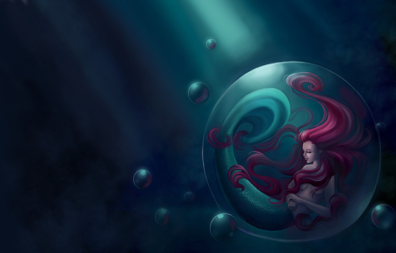 Photo Wallpaper Sea, Fiction, Mermaid, Art, Tail, Bubble, - Mermaid - HD Wallpaper 