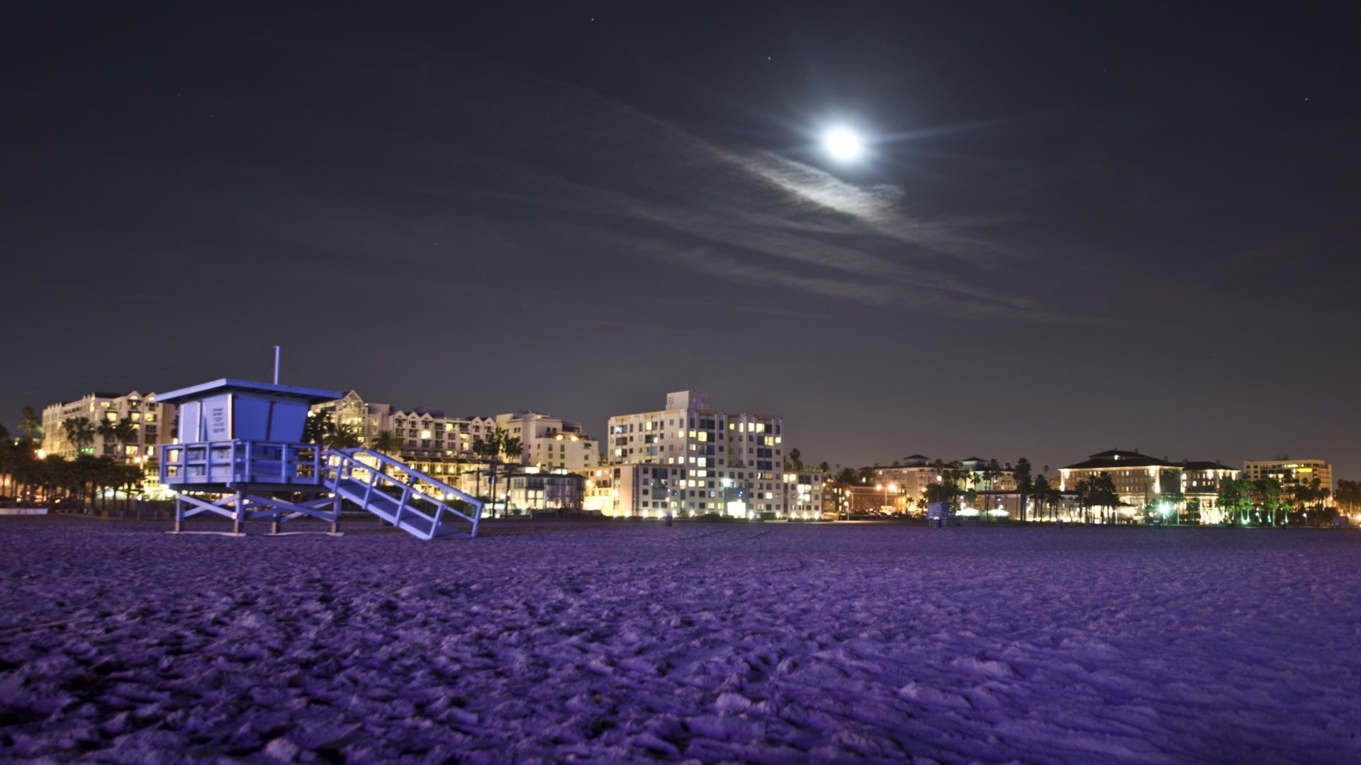 Moon Santa Monica Beach Purple Purplse City Night Lifeguard California Night 1920x1080 Wallpaper Teahub Io