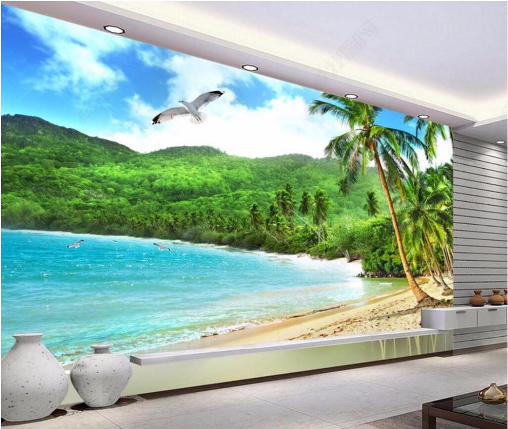 Beach Scene Murals On A Turquoise Bedroom Wall - HD Wallpaper 