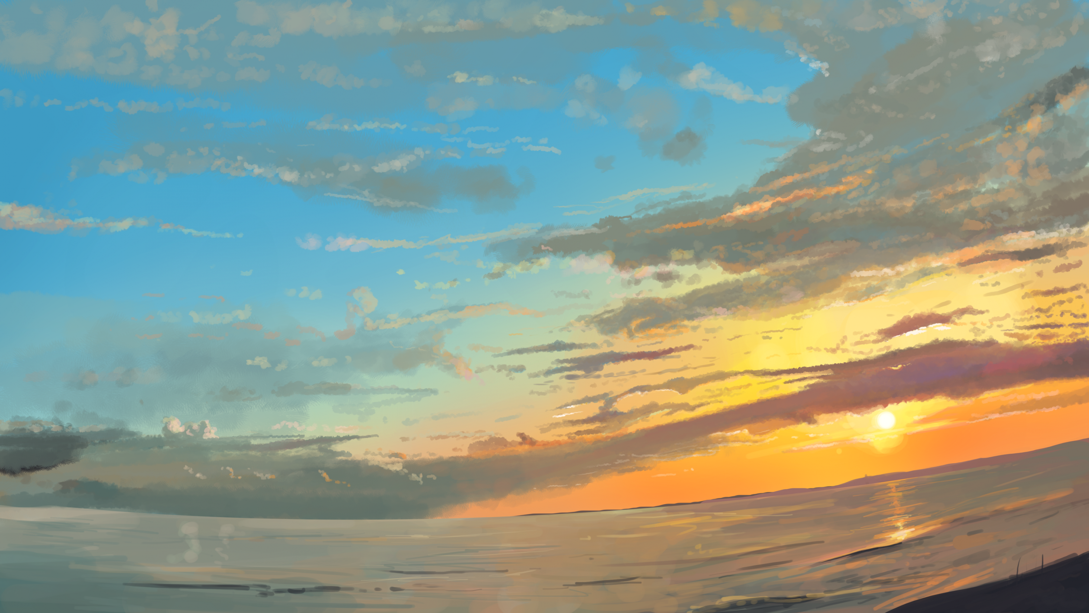Anime Scenic, Landscape, Sky, Sunset, Horizon, Sea - 2256 X 1504 Anime - HD Wallpaper 