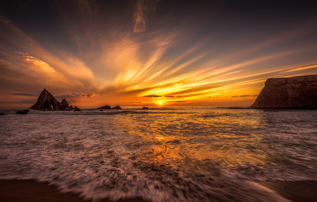 Photo Wallpaper Sunset, The Ocean, Rocks, Ca, Pacific - Pacific Coast California Beach Sunset - HD Wallpaper 