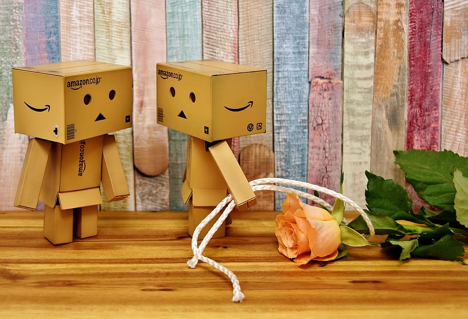 Two Brown Amazon Box Robots Beside Pink Rose On Brown - Amazon Box Robot Wallpaper Cute Box Man - HD Wallpaper 