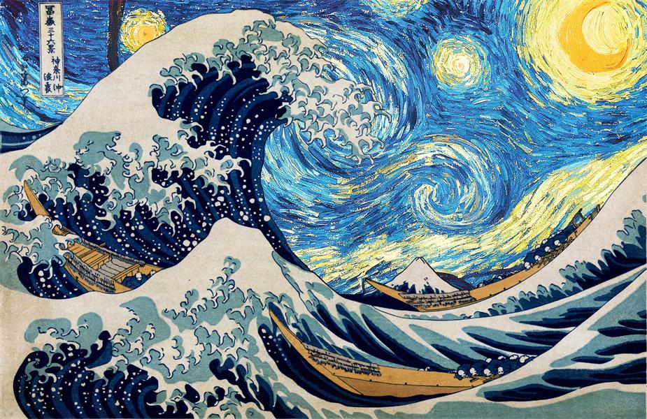 Home Décor Japanese Vinyl Wall Decals Sticker Katsushika - Great Wave Starry Night - HD Wallpaper 