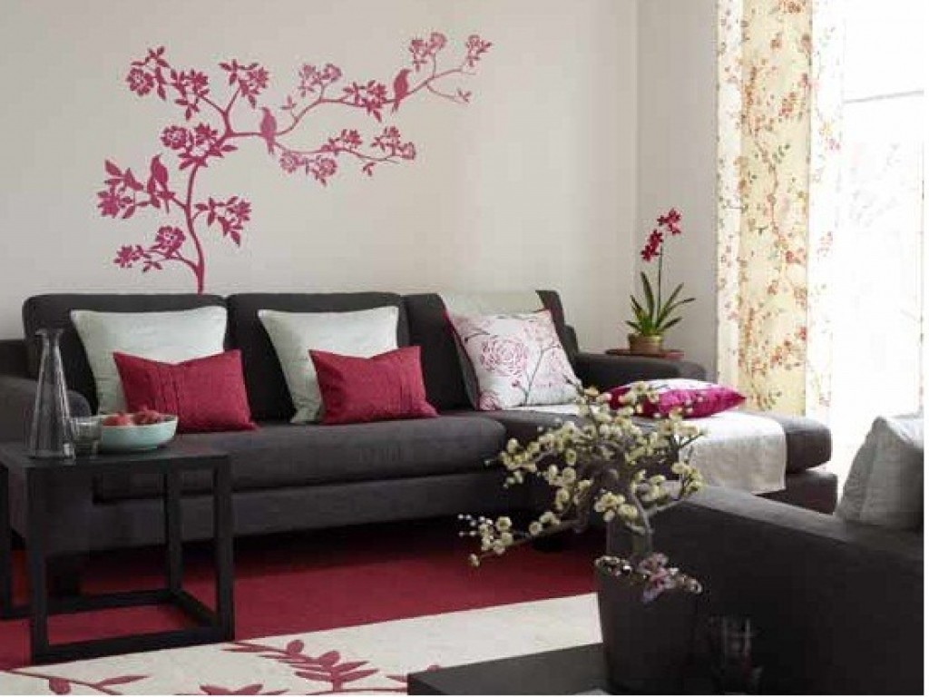 Japanese Inspired Furniture Asian Themed Room Ideas - Grey Burgundy And White Living Room - HD Wallpaper 