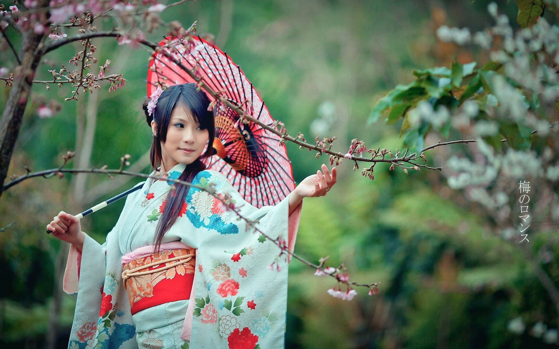 Japanese Girl Kimono Green - HD Wallpaper 