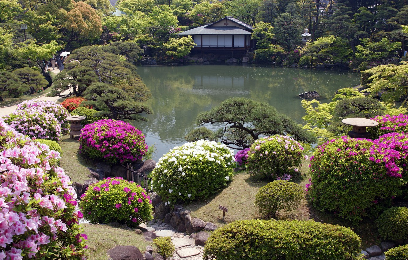 Photo Wallpaper Flowers, House, Japanese Garden - Японский Сад Обои Рабочий Стол - HD Wallpaper 