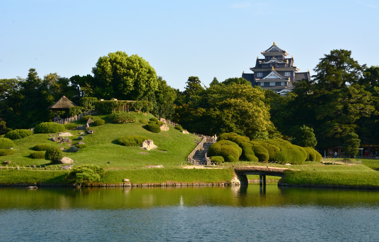 Photo Wallpaper Nature, Lake, Trees, Japan, House, - Okayama Castle - HD Wallpaper 