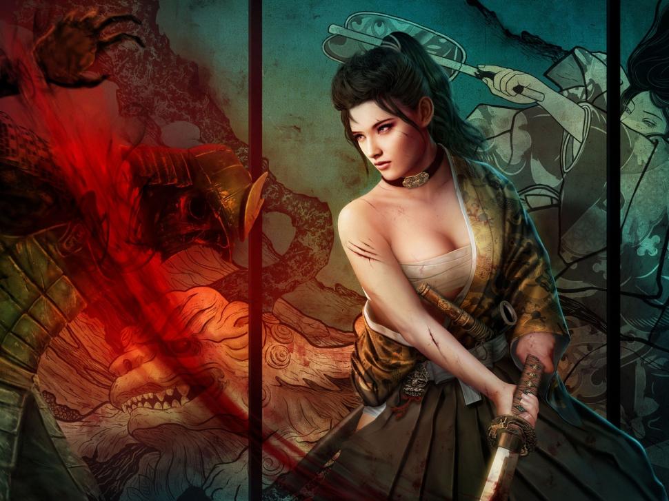 Fantasy Japanese Girl, Katana, Blood Wallpaper,fantasy - HD Wallpaper 