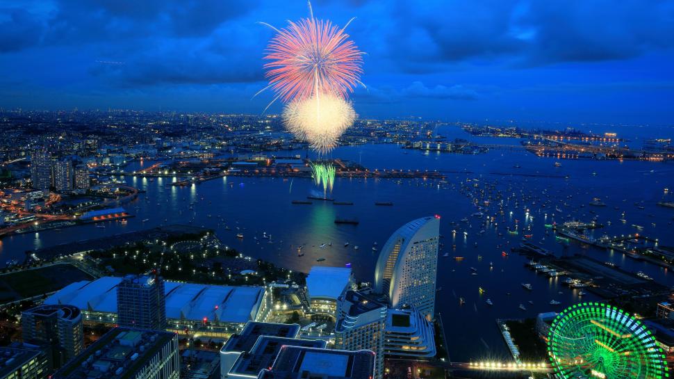 City Night, Fireworks, Houses, Lights, Bay, Yokohama, - HD Wallpaper 
