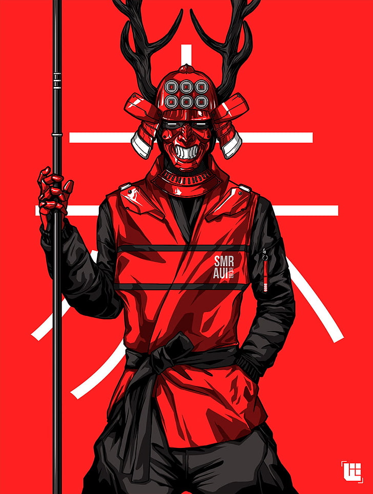 Bryan Lie, Men, Samurai, Red Background, Coats, Masked, - HD Wallpaper 