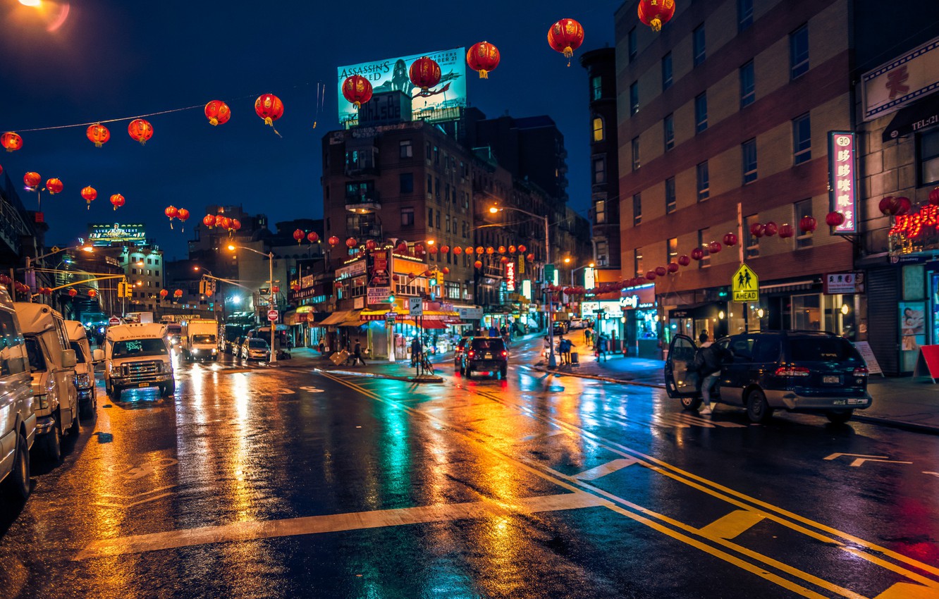 Photo Wallpaper Night, Lights, Street, The Building, - Chinatown New York Night - HD Wallpaper 