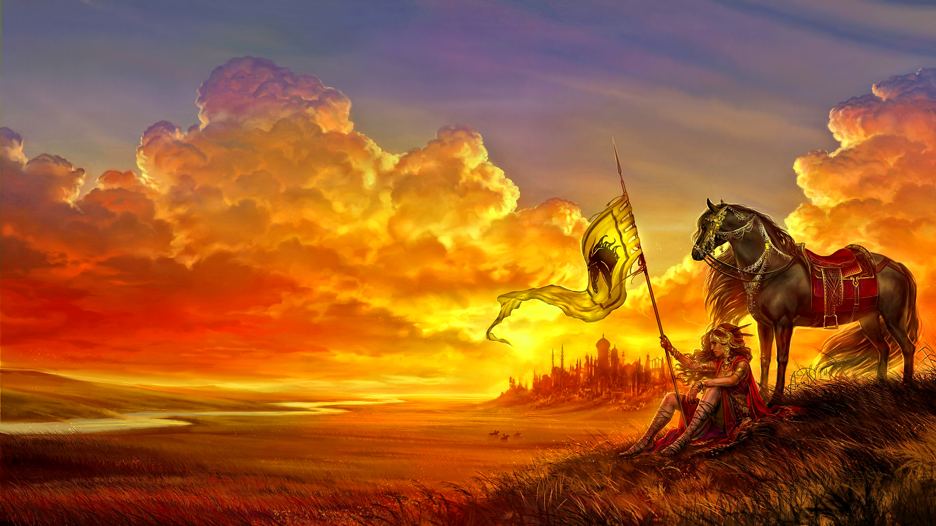 Fantasy Sky Nature Background Wallpapers On Desktop - Fantasy Landscape With Warrior - HD Wallpaper 
