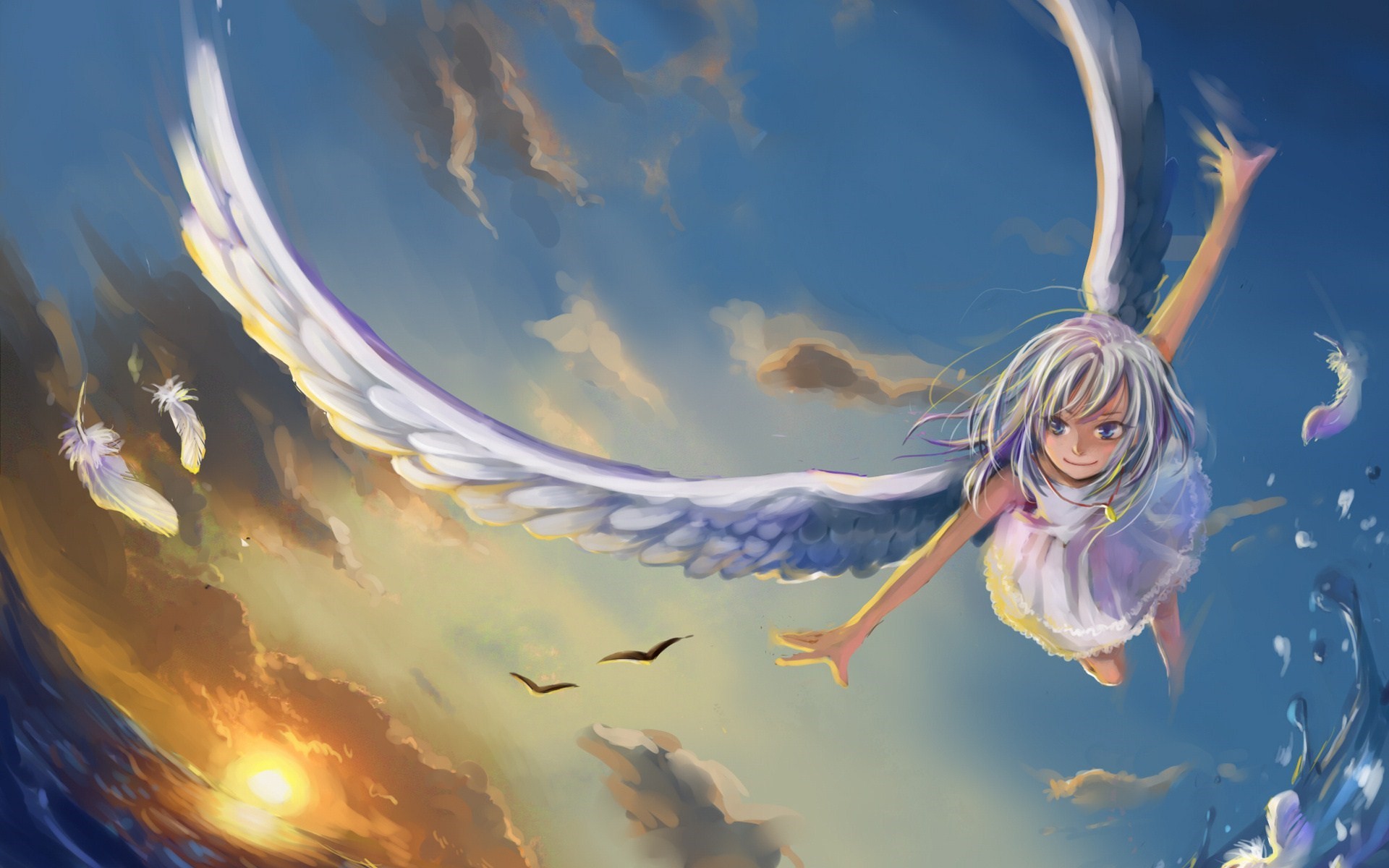 Anime Girl With Wings Flying - HD Wallpaper 