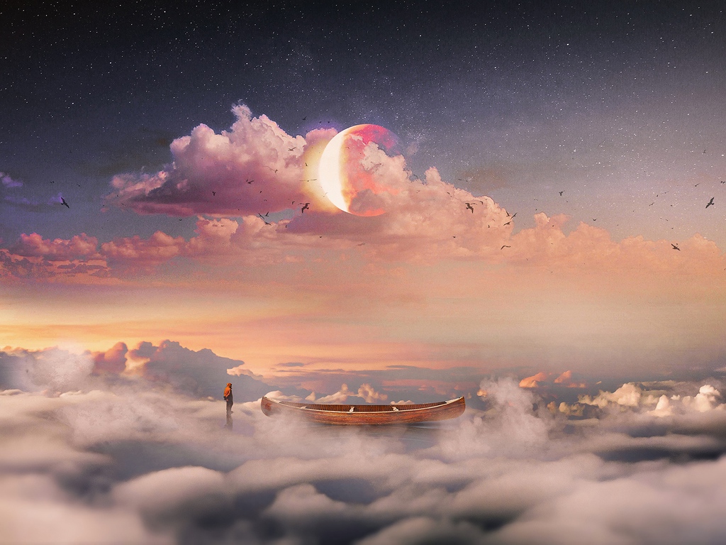 Wallpaper Surrealism, Boat, Clouds, Lonely, Man, Starry - Surrealism Wallpaper Sky - HD Wallpaper 