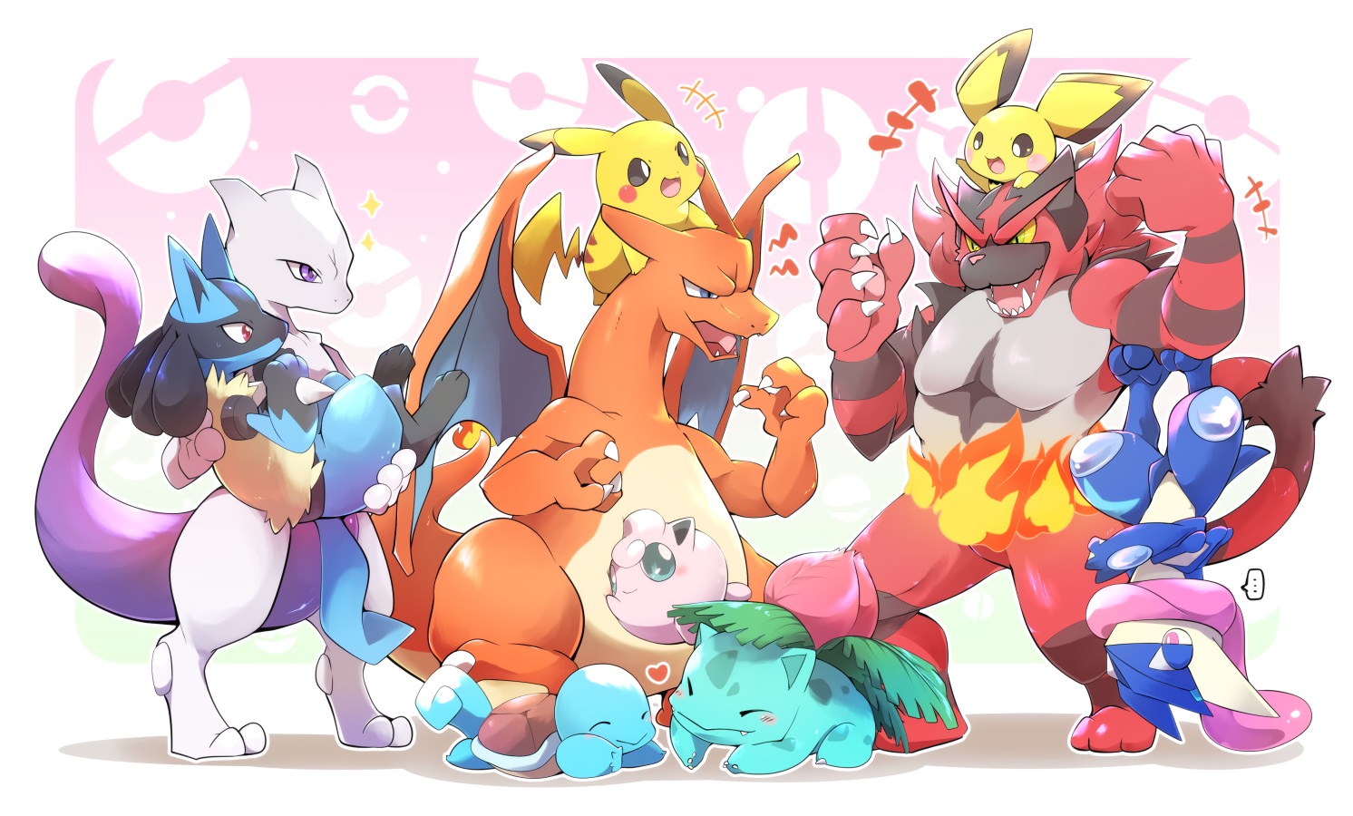 Azuma Minatsu Charizard Greninja Group Incineroar Ivysaur - Cute Mew And Mewtwo - HD Wallpaper 