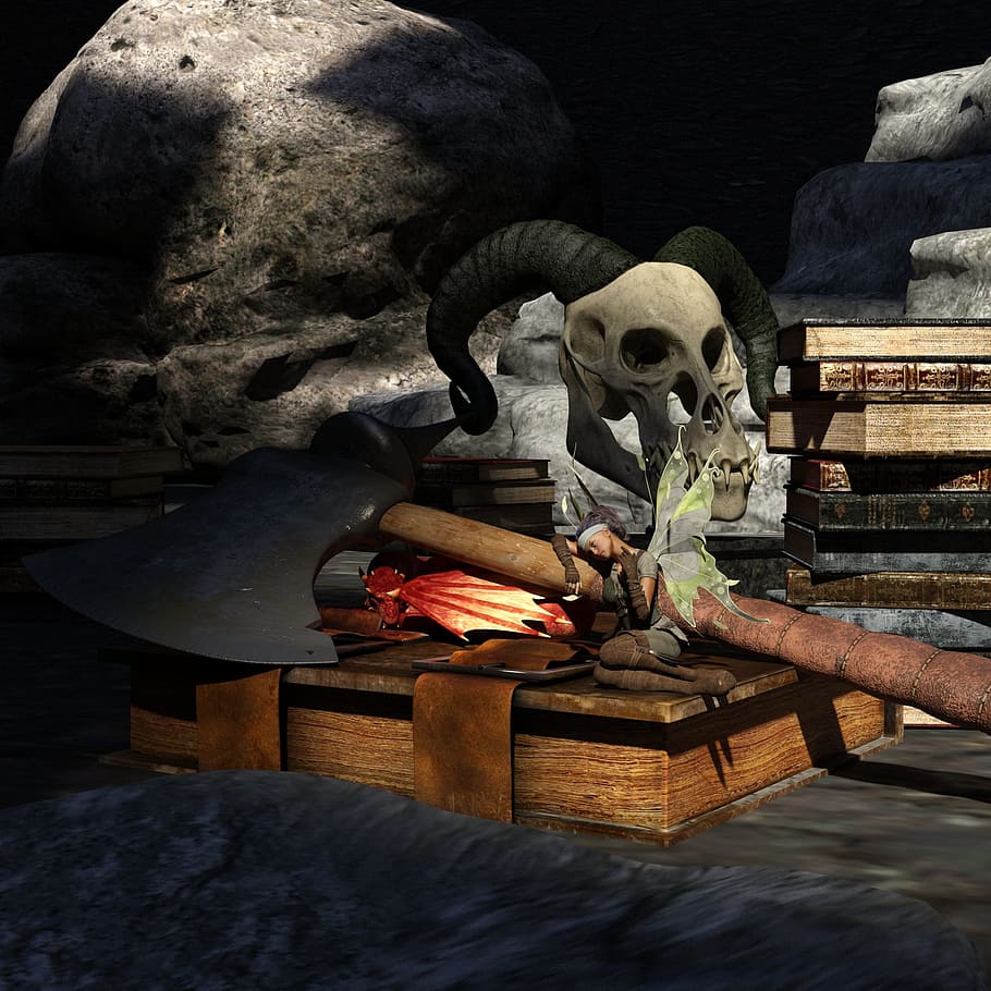 Girl, Dragon, Elf, Skeleton, Books, Battle Axe, Fantasy, - Elf Fairy Tales - HD Wallpaper 